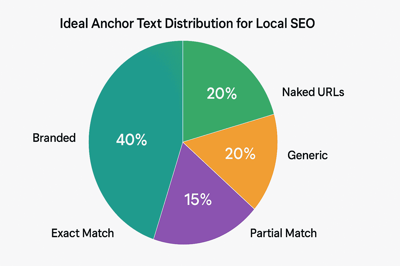 Ideal anchor text distribution chart for local SEO showing percentages for branded, naked URLs, generic, partial match, and exact match anchors