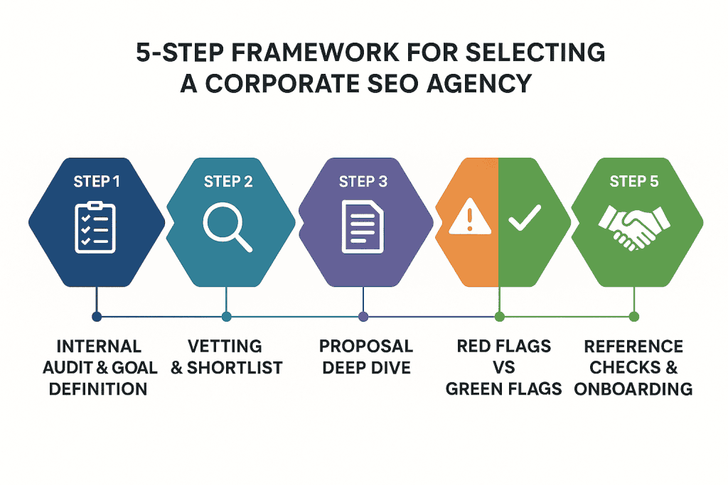5-Step Framework for Selecting a Corporate SEO Agency 2025 - Process flow from audit to onboarding