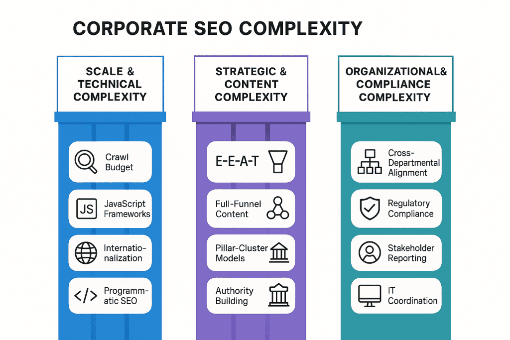 Corporate SEO Complexity Pillars 2025 - Three pillars showing scale, strategic, and organizational complexity