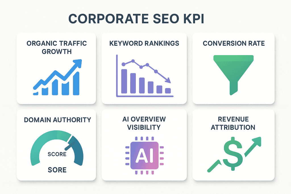 Corporate SEO KPI Metrics Dashboard 2025 - Key performance indicators including traffic, rankings, conversions, domain authority, AI visibility, and revenue