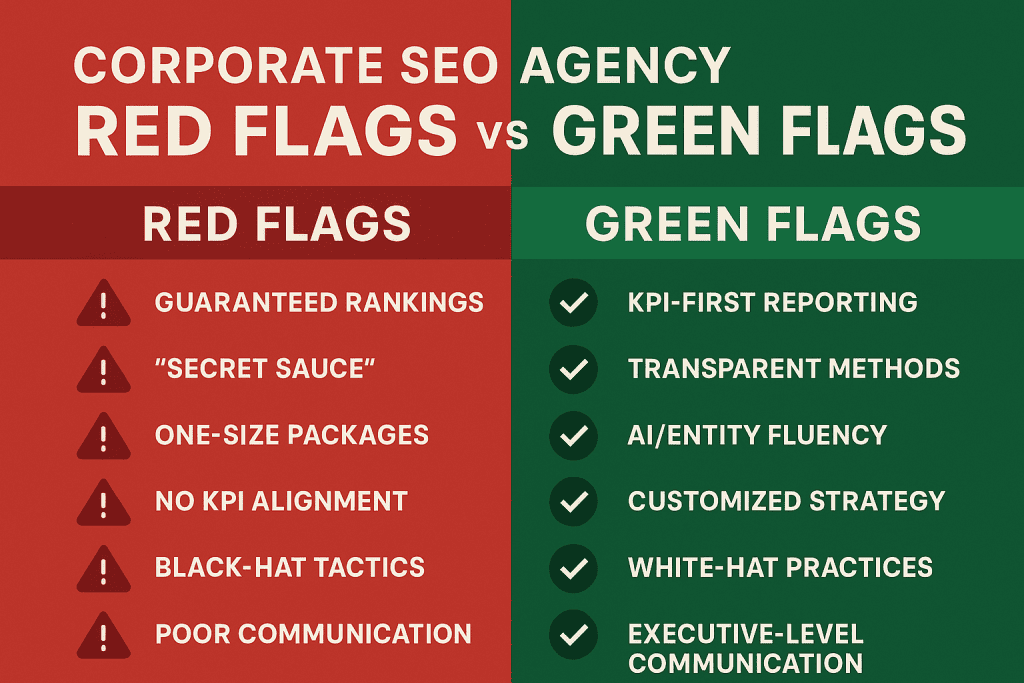 Corporate SEO Agency Red Flags vs Green Flags 2025 - Comparison showing warning signs and positive signals