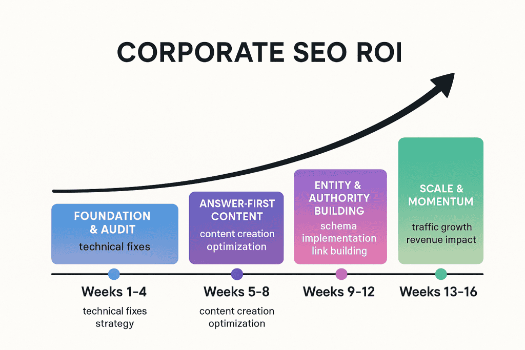Corporate SEO ROI Timeline 2025 - 16-week rollout showing foundation, content, authority building, and scale phases