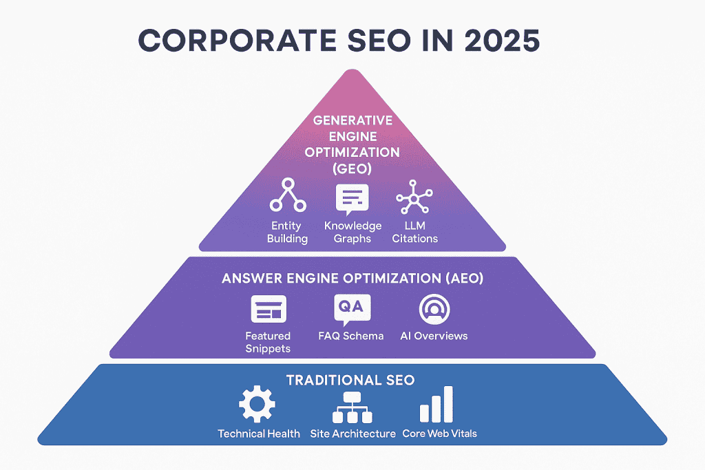 Corporate SEO Strategic Trifecta Framework 2025 - Three-tier pyramid showing Traditional SEO, AEO, and GEO