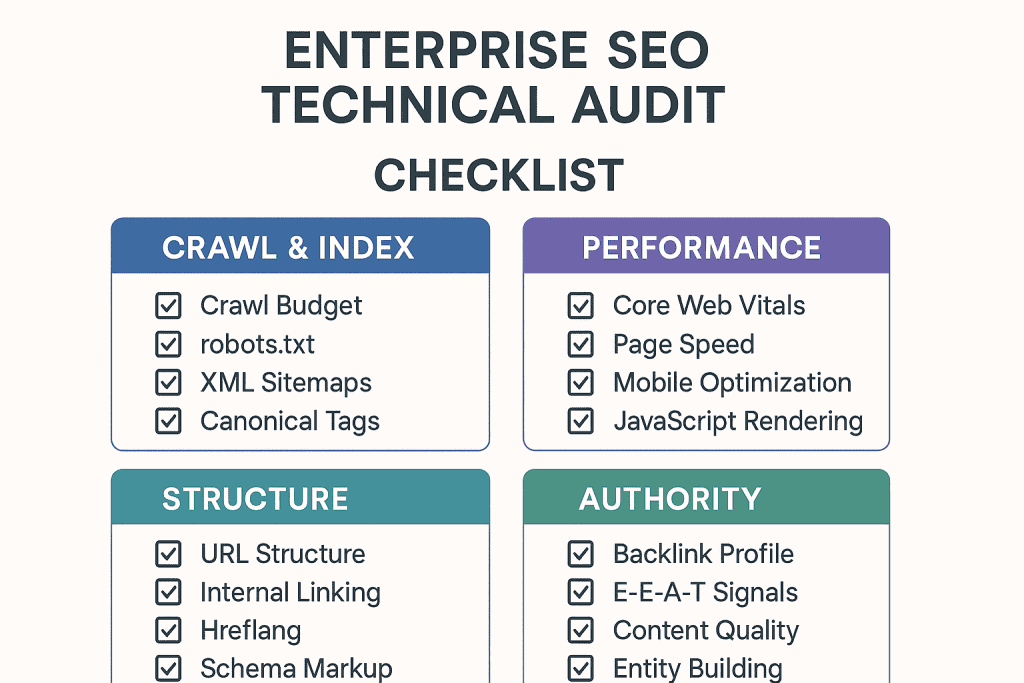 Enterprise SEO Technical Audit Checklist 2025 - Comprehensive checklist for crawl, performance, structure, and authority