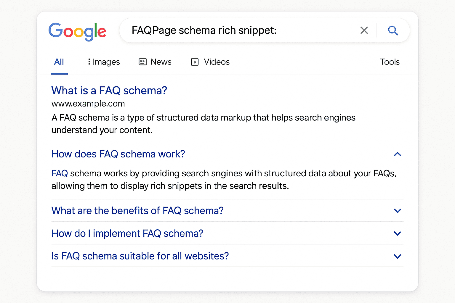 FAQPage schema rich snippet showing expandable FAQ accordion in Google search results