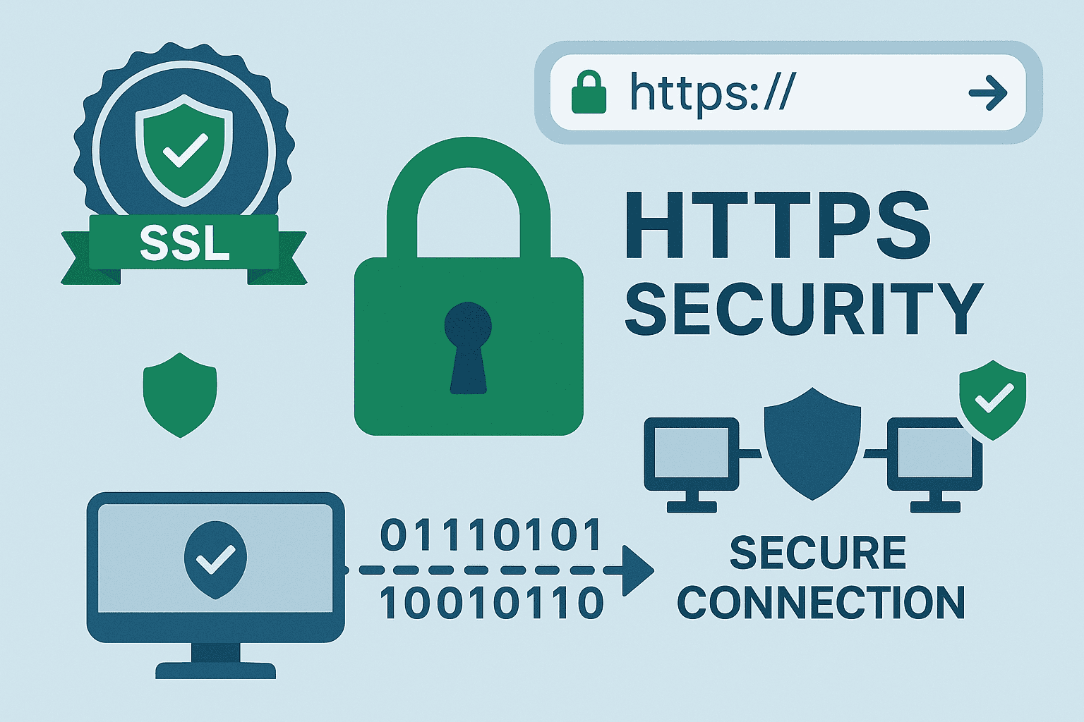 HTTPS SSL security certificate with padlock icon showing secure connection and encrypted data for website trust and SEO