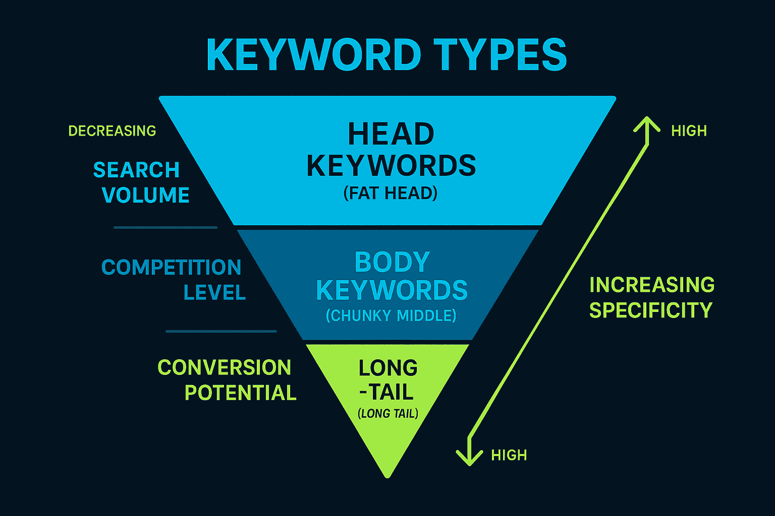 Keyword types comparison showing Head Keywords, Body Keywords, and Long-tail Keywords with search volume, competition, and conversion metrics
