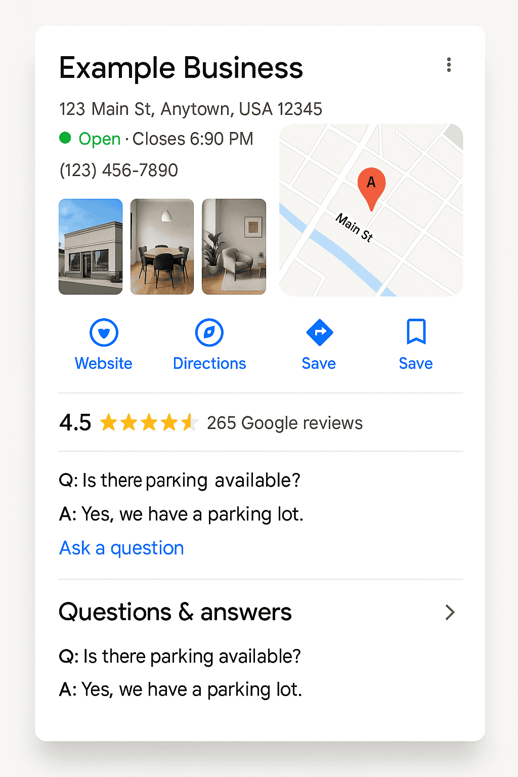 Google Knowledge Panel example showing LocalBusiness schema with address, hours, map, ratings, and Q&A