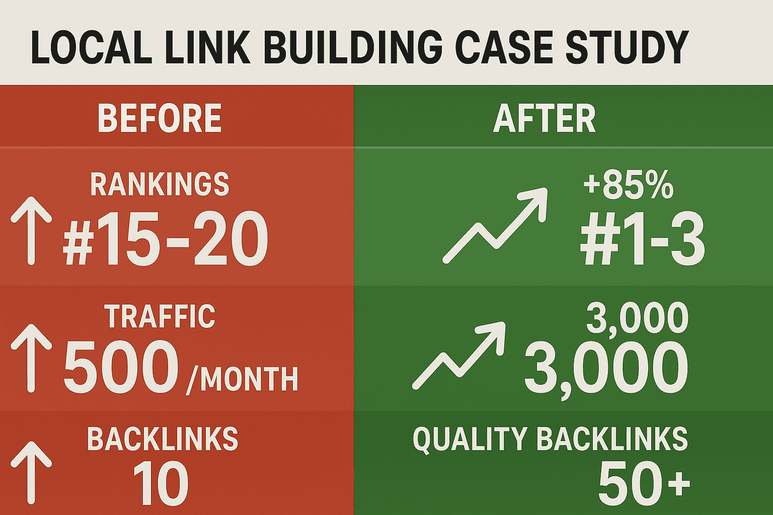 Local link building case study before and after results showing dramatic improvements in rankings, traffic, and backlinks