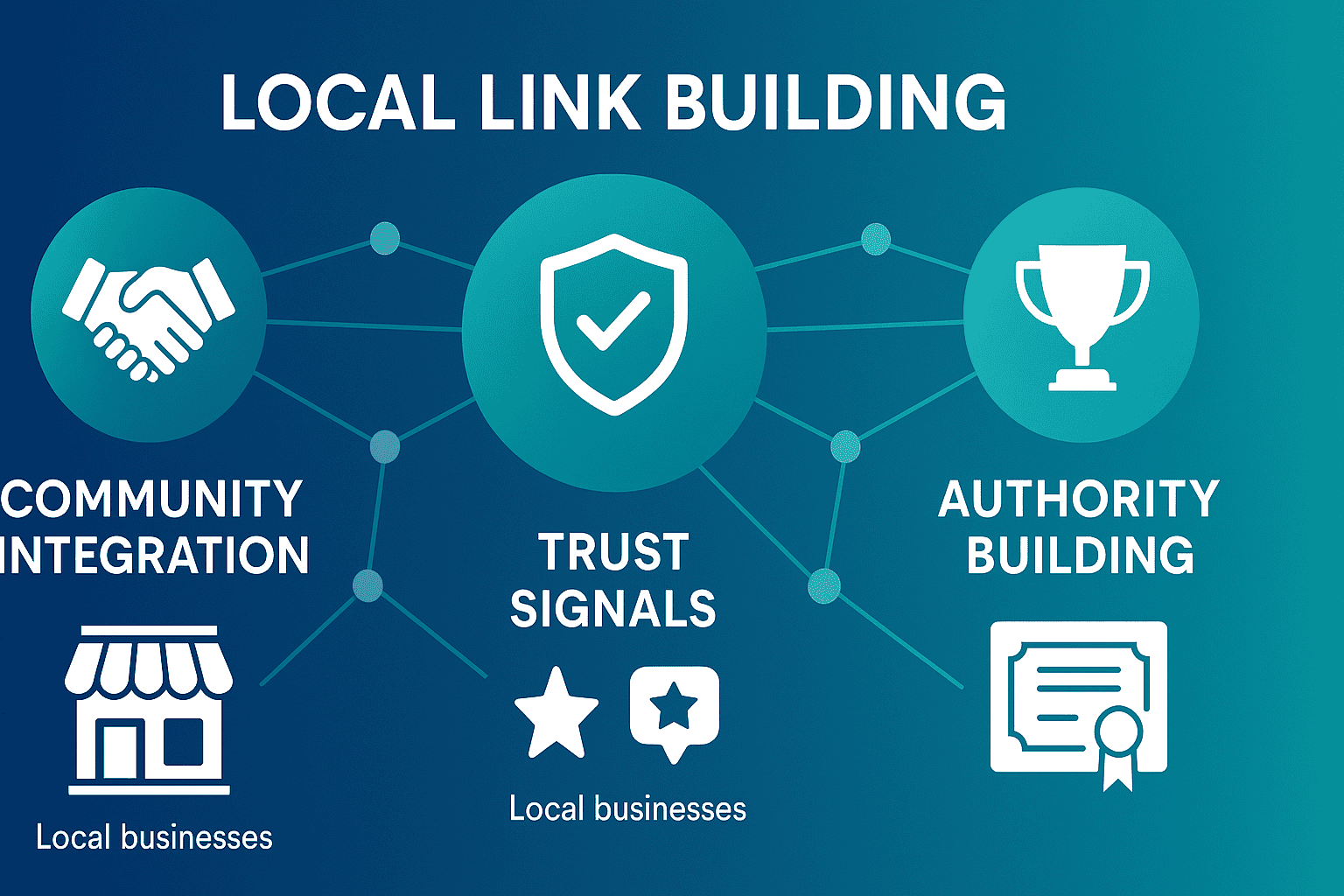 Local link building strategy showing three pillars: community integration, trust signals, and authority building for 2025 local SEO