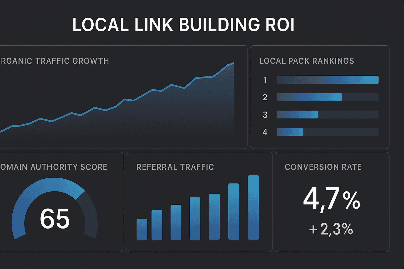 Local link building ROI metrics tracking dashboard showing organic traffic, rankings, domain authority, referral traffic, and conversion rate