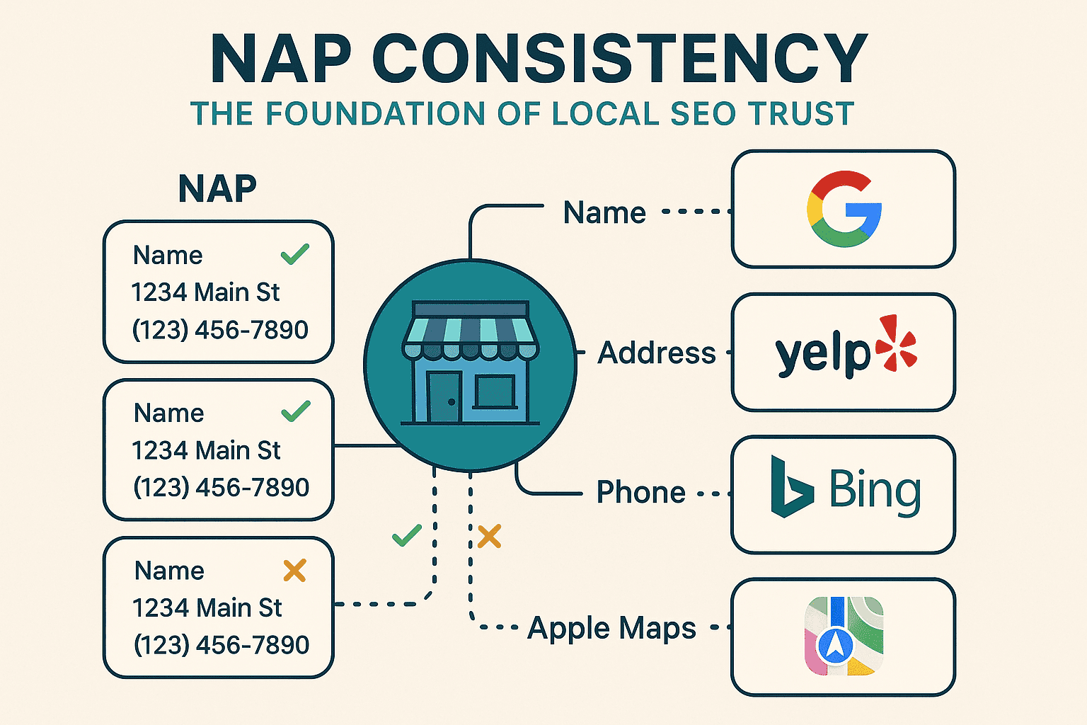 NAP consistency local SEO trust signal diagram showing business information distributed across Google, Yelp, Bing, and Apple Maps