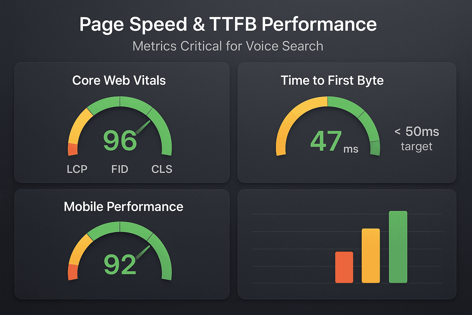 Performance dashboard showing Core Web Vitals score of 96, TTFB of 47ms (under 50ms target), and mobile performance score of 92 with green/yellow/red color coding