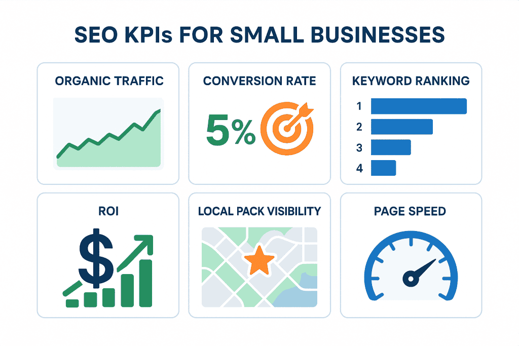 SEO KPI Metrics Dashboard for Small Business 2025 - Visual dashboard showing the most important SEO metrics to track for business growth and ROI measurement
