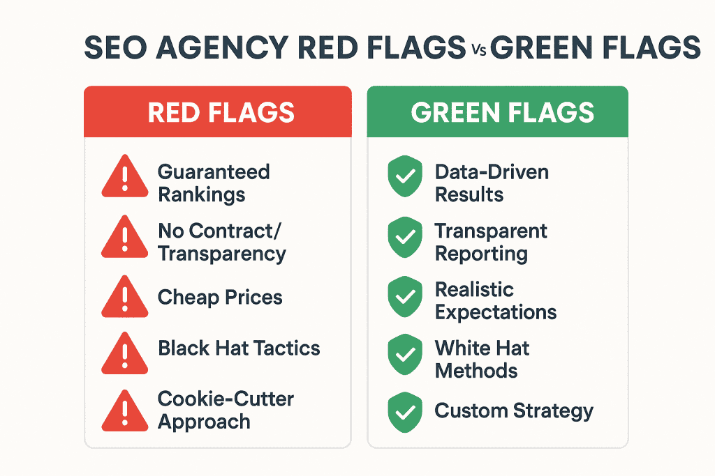 SEO Red Flags vs Green Flags Checklist 2025 - Comprehensive visual checklist showing warning signs to avoid and positive signals to look for when choosing an SEO agency