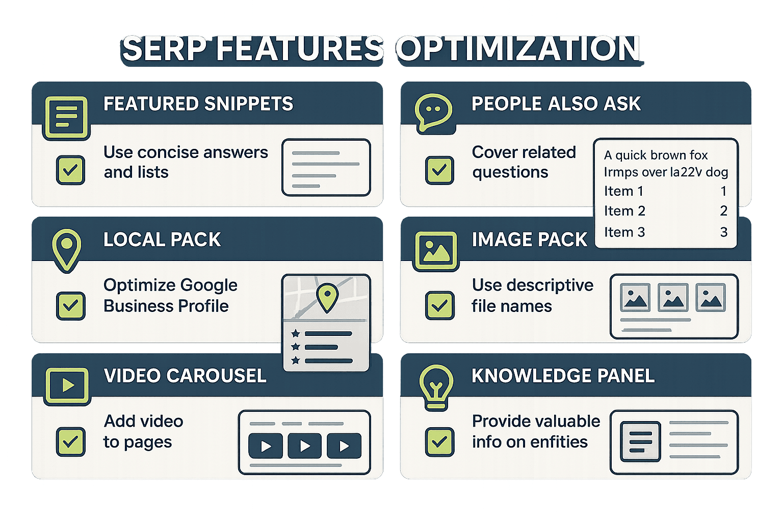 SERP features optimization checklist showing Featured Snippets, People Also Ask, Local Pack, Image Pack, Video Carousel, and Knowledge Panel with optimization tips