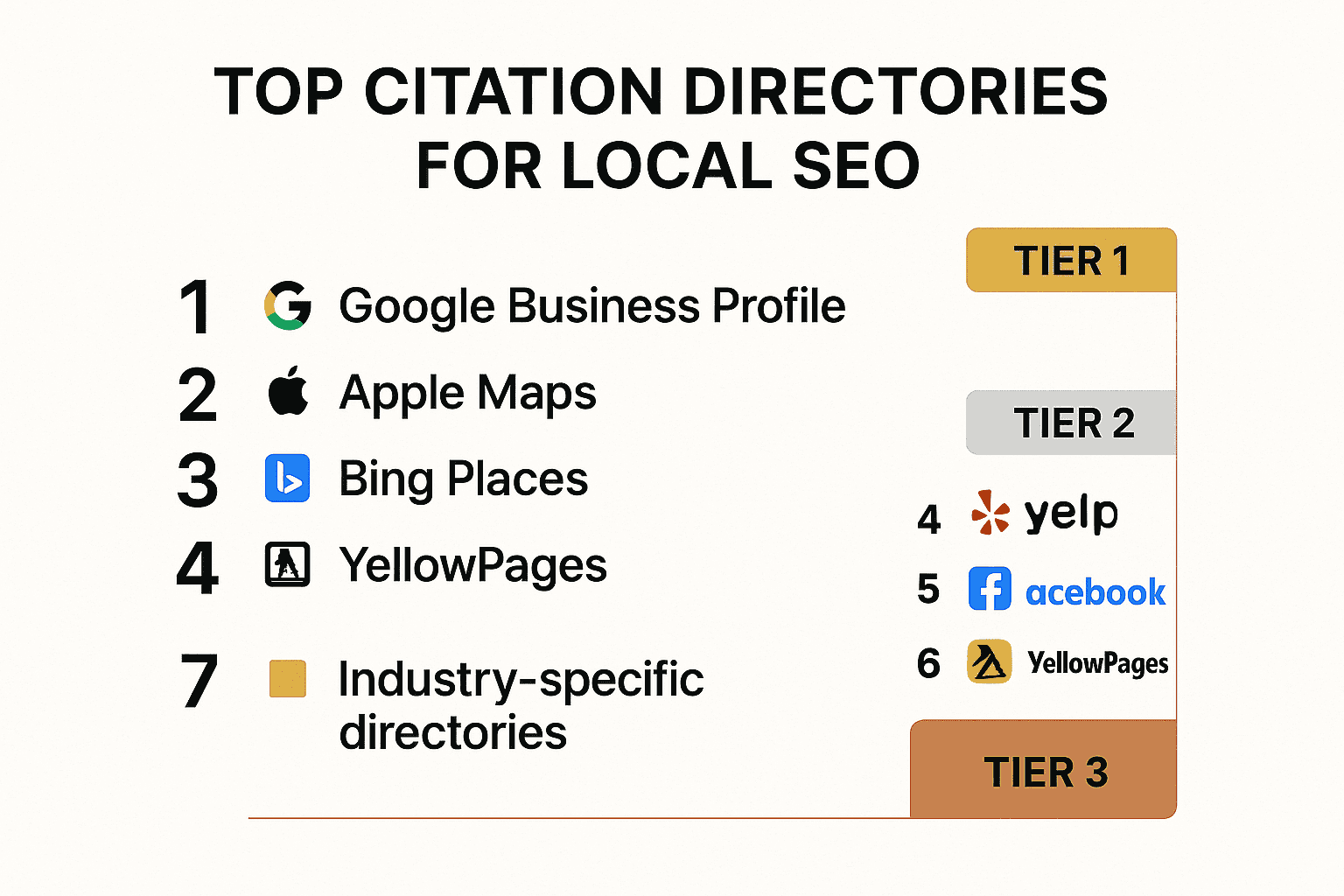 Top citation directories for local SEO ranked by priority tier showing Google Business Profile, Apple Maps, Bing Places, Yelp, Facebook
