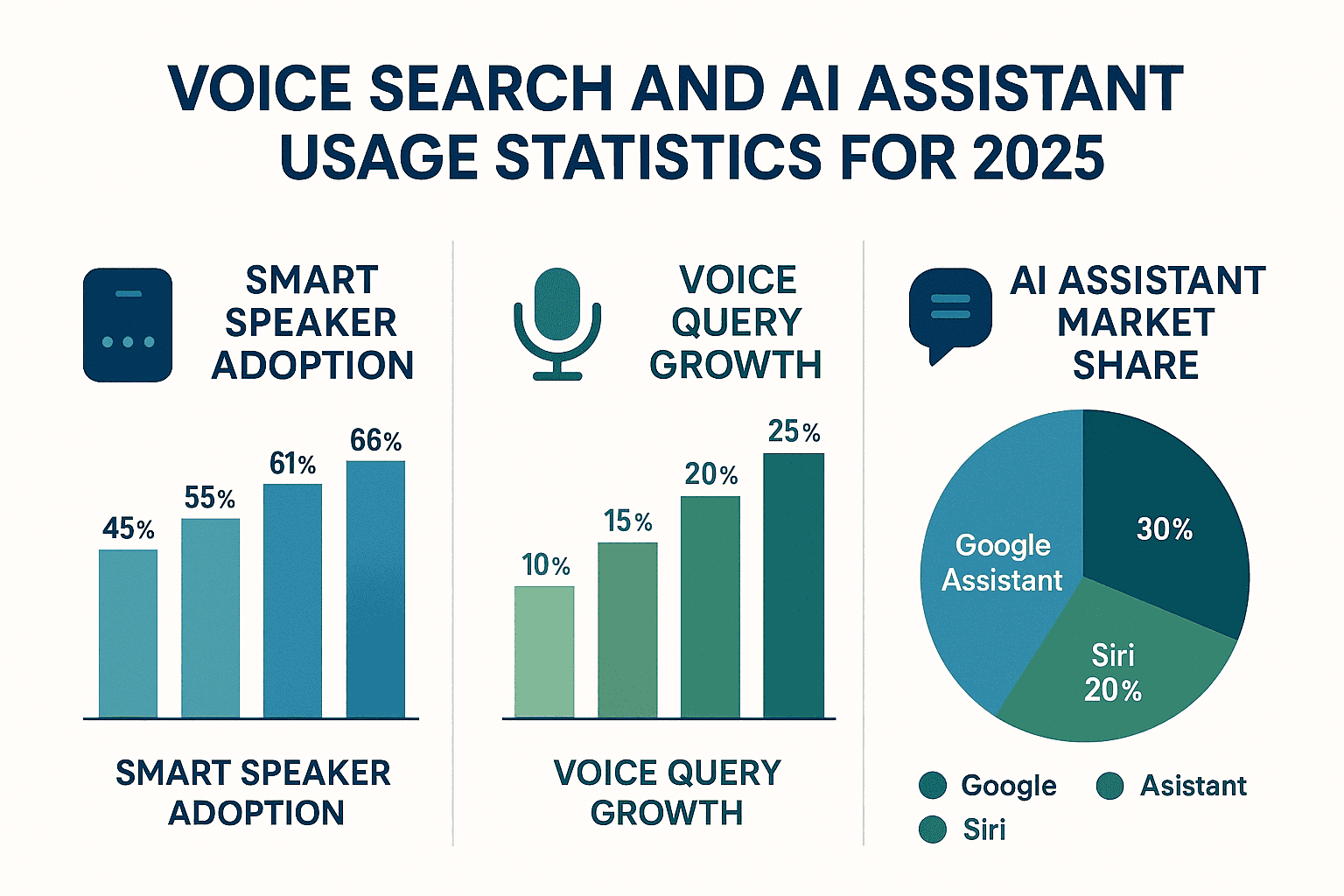 Voice search and AI assistant usage statistics for 2025 showing 66% smart speaker adoption, 25% voice query growth, and AI assistant market share with Google Assistant at 30%, Alexa at 30%, and Siri at 20%