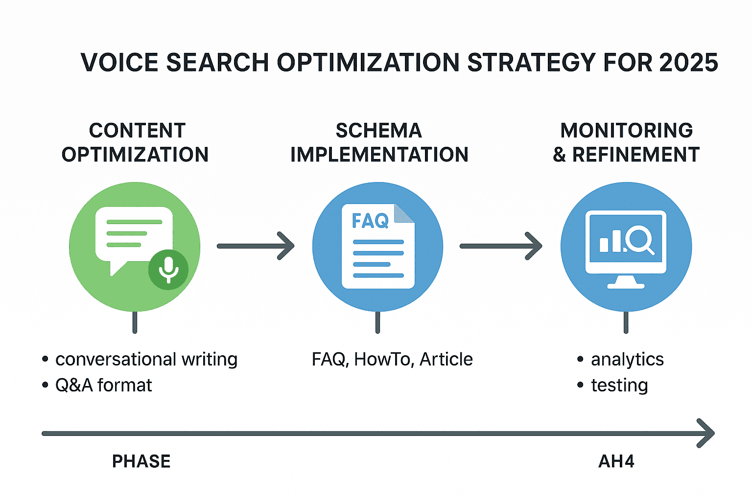 Voice search optimization strategy roadmap showing three phases: Content Optimization (conversational writing, Q&A format), Schema Implementation (FAQ, HowTo, Article), and Monitoring & Refinement (analytics, testing)